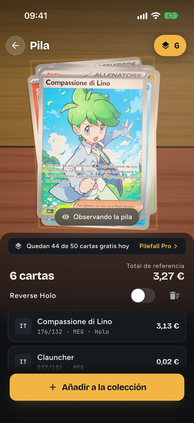 El modo pila cuenta las cartas que caen bajo la cámara, con la lista de la pila y el total de referencia