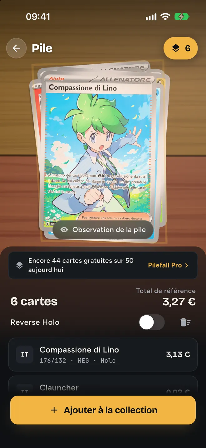 Le mode pile compte les cartes posées sous la caméra, avec la liste de la pile et le total de référence