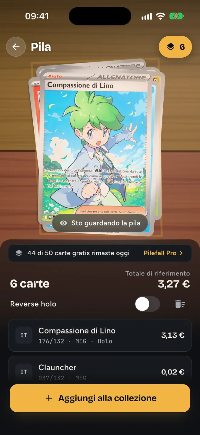 La modalità pila conta le carte che cadono sotto la fotocamera, con la lista della pila e il totale di riferimento