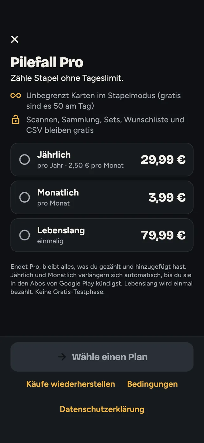 Pilefall Pro: jährlich, monatlich oder lebenslang, nichts vorausgewählt