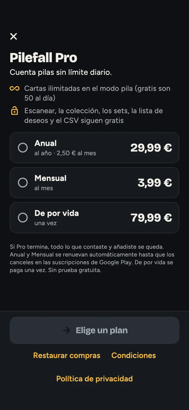Pilefall Pro: anual, mensual o de por vida, sin nada preseleccionado