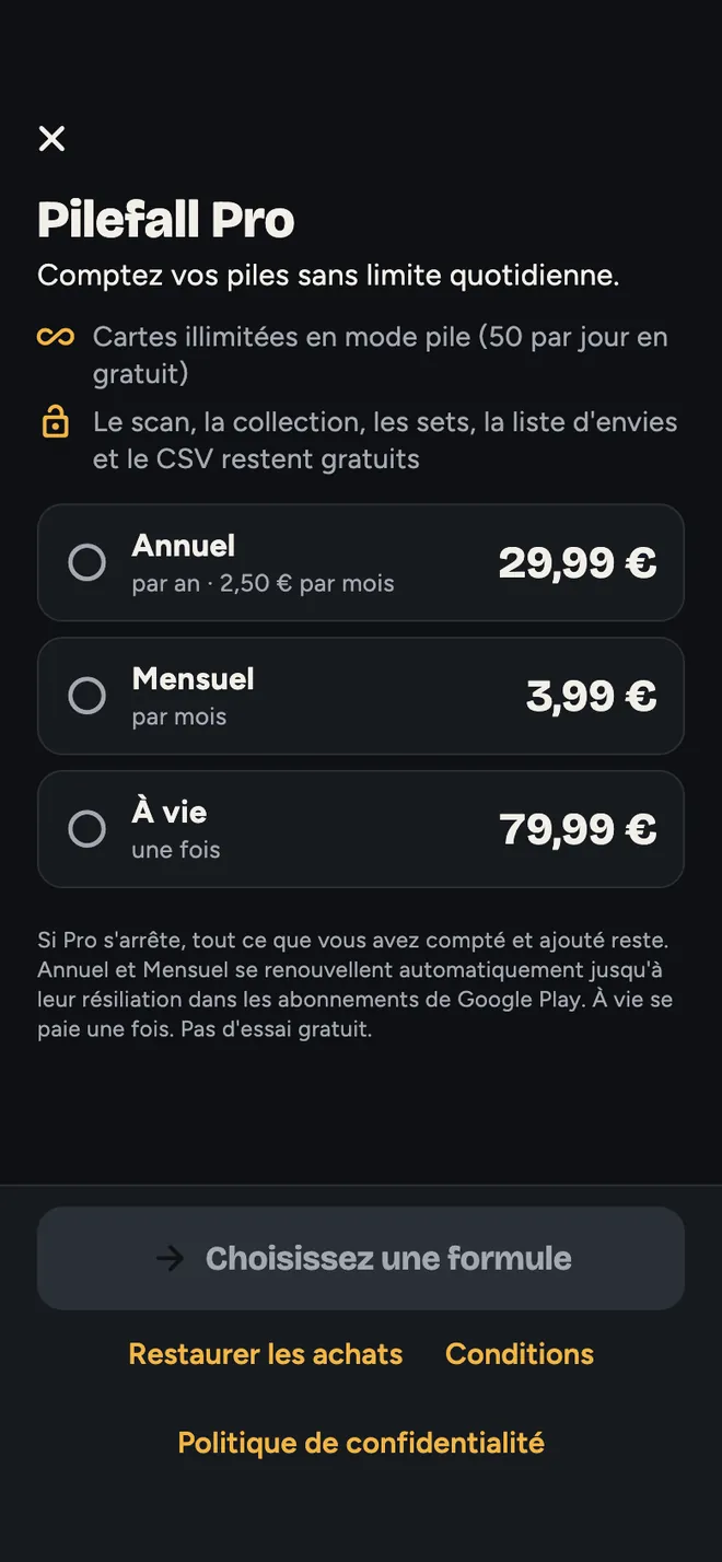 Pilefall Pro : annuel, mensuel ou à vie, sans rien de présélectionné