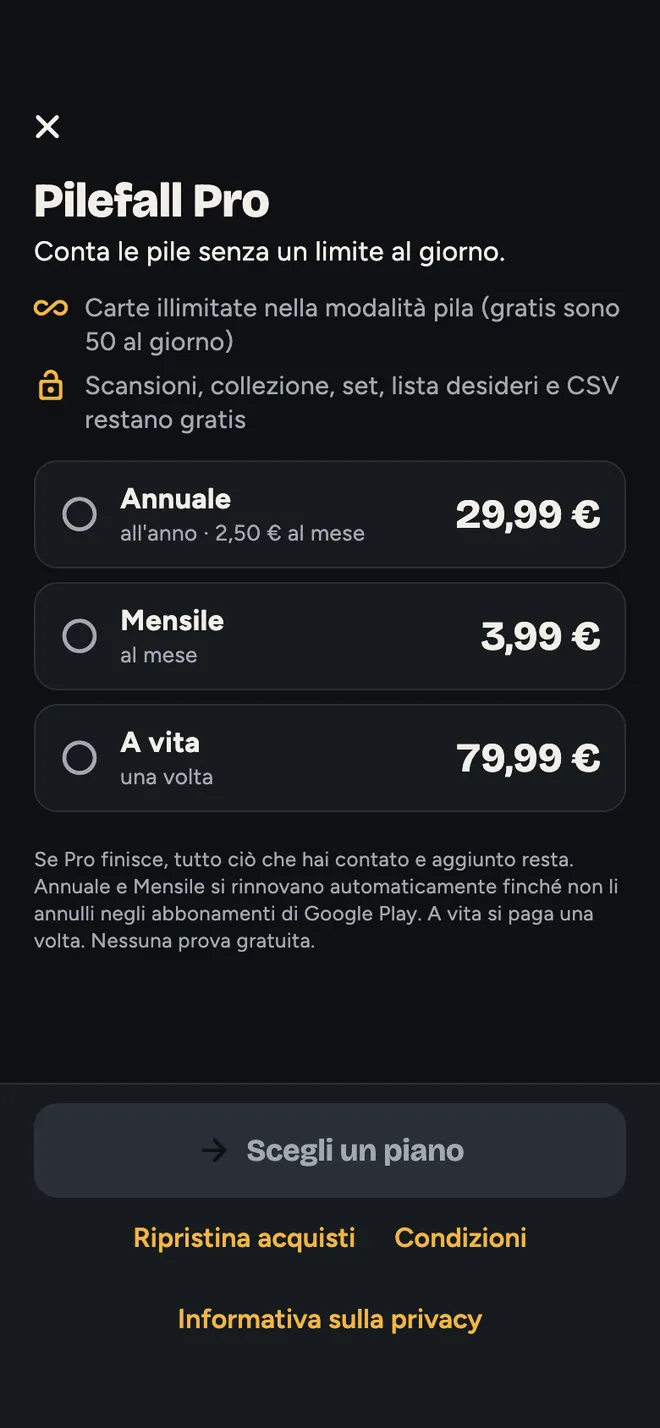 Pilefall Pro: annuale, mensile o a vita, senza nulla preselezionato