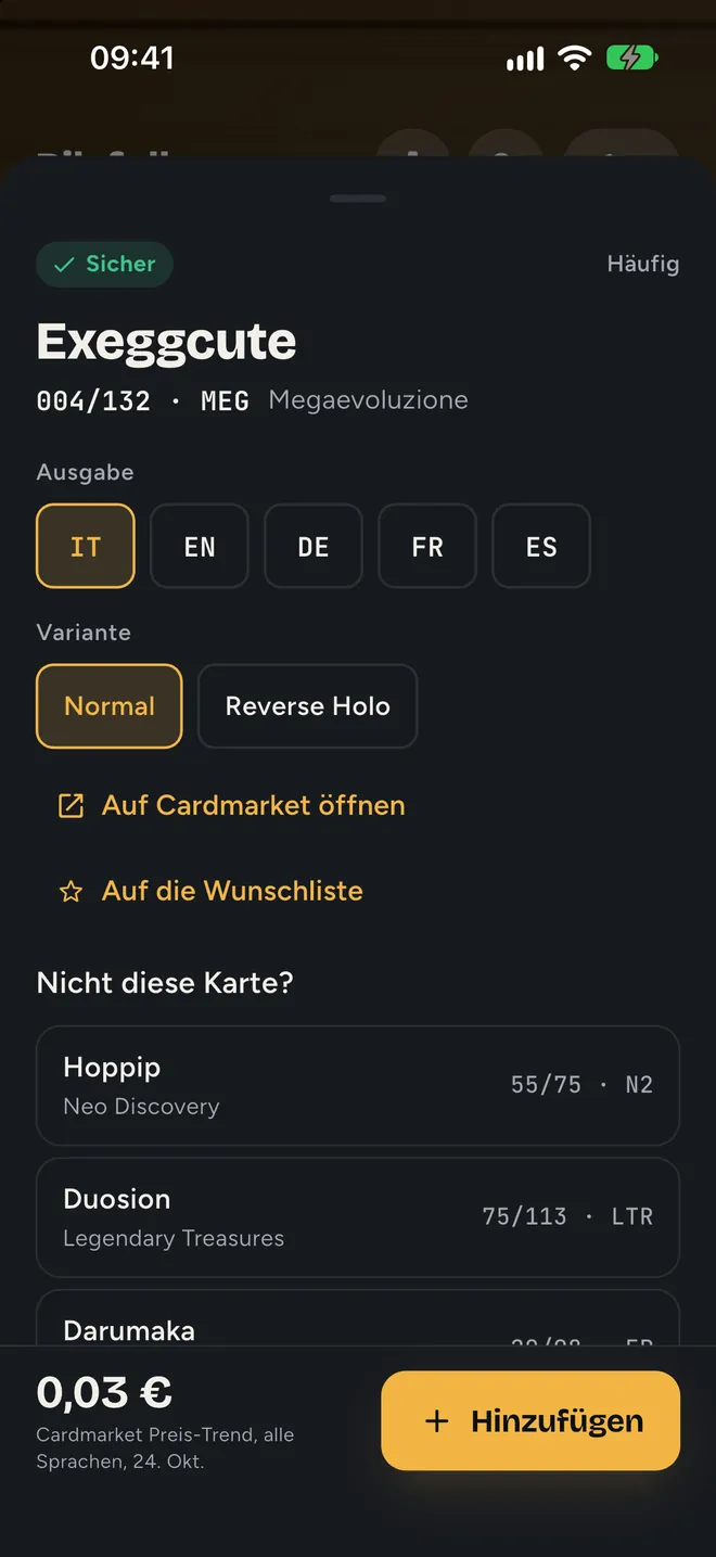 Eine gescannte Karte: Name, Nummer, Sprache und Referenzpreis, mit den nächsten Alternativen