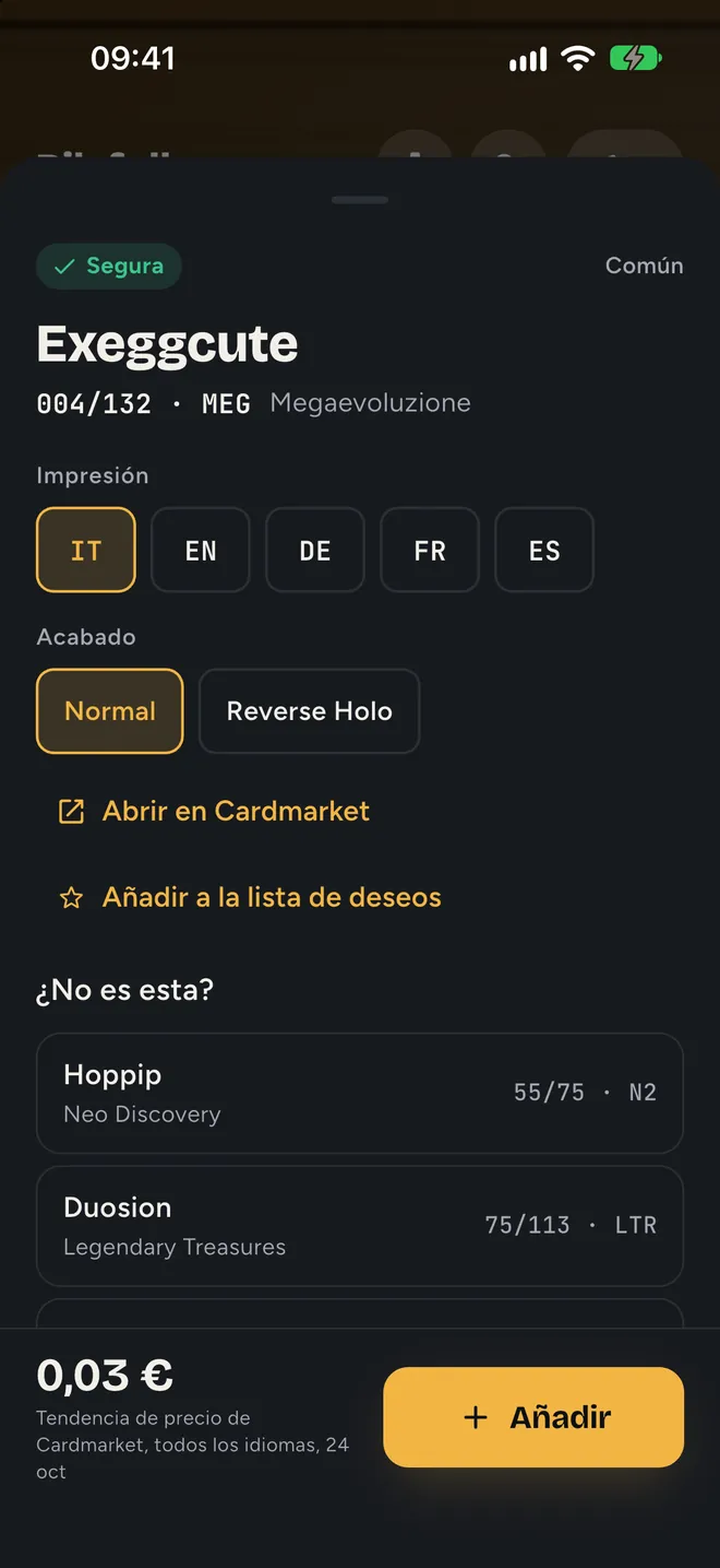 Una carta escaneada: nombre, número, idioma y precio de referencia, con las alternativas más cercanas