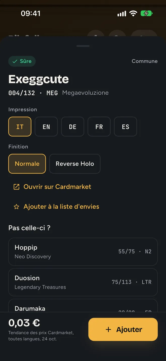 Une carte scannée : nom, numéro, langue et prix de référence, avec les alternatives les plus proches