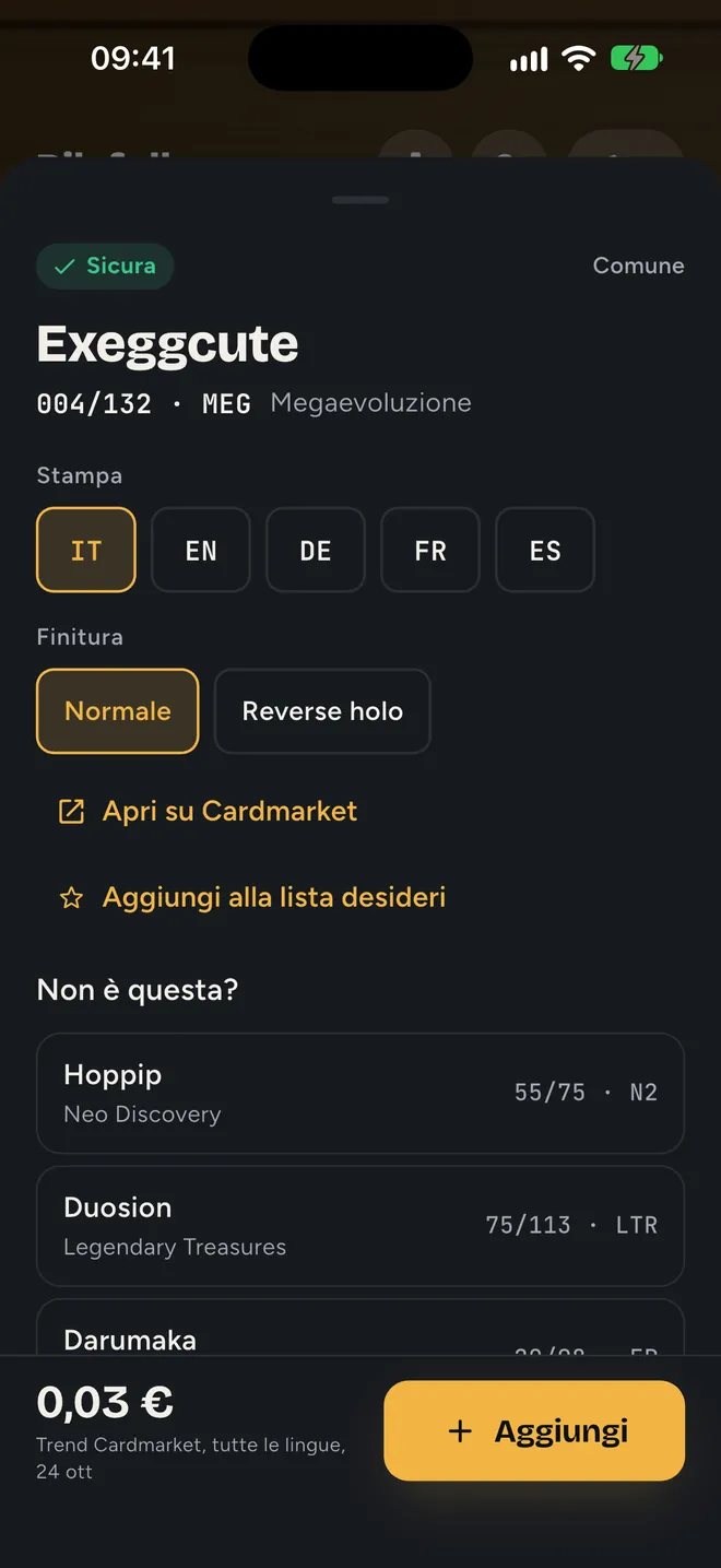 Una carta scansionata: nome, numero, lingua e prezzo di riferimento, con le alternative più vicine