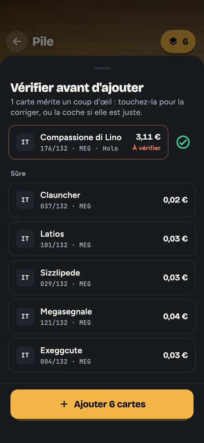 Avant d'ajouter une pile : d'abord la carte à vérifier, corrigée d'un geste ou validée d'une coche