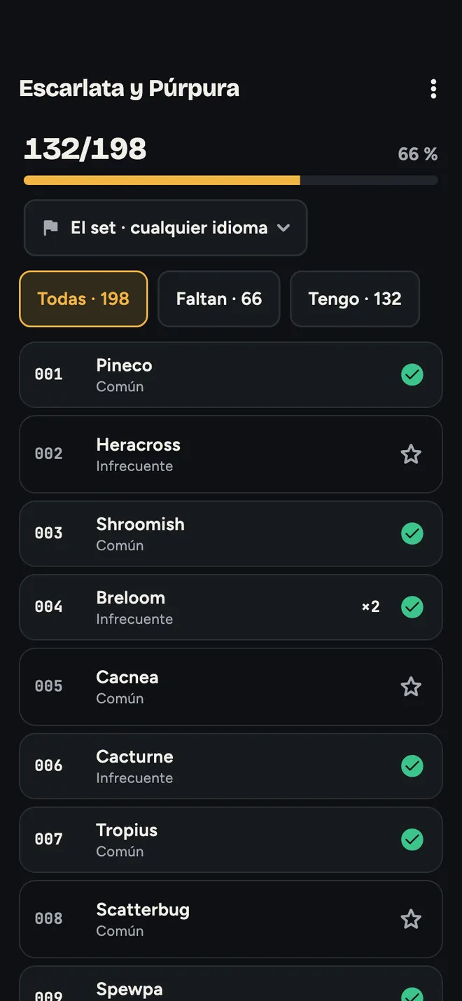 El progreso de un set, con las cartas que faltan